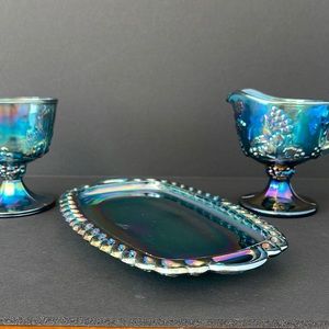 VINTAGE CARNIVAL GLASS Butter Tray Creamer & Sugar Set Harvest Grape Design